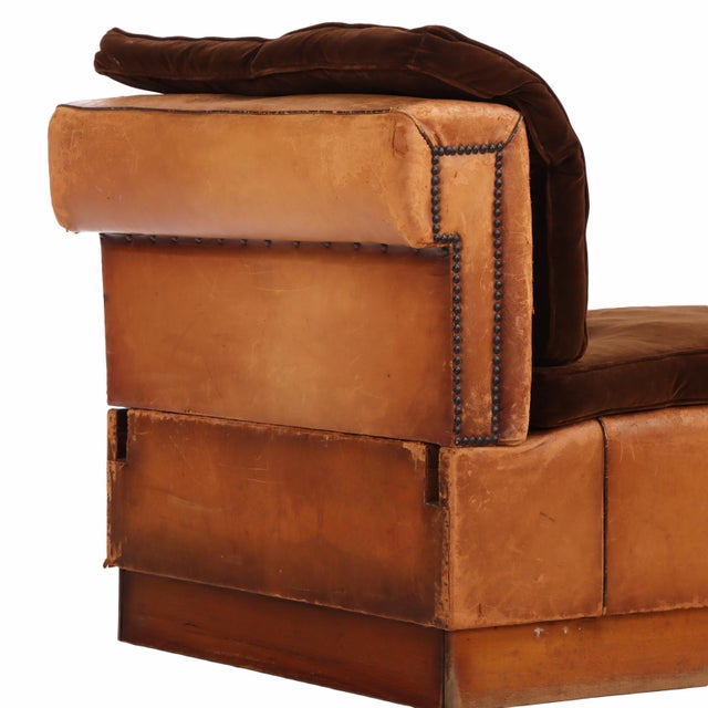 Wood Circa 1920 Art Deco Modular Cognac Leather Chaise Lounge With Velvet Cushions For Sale - Image 7 of 8