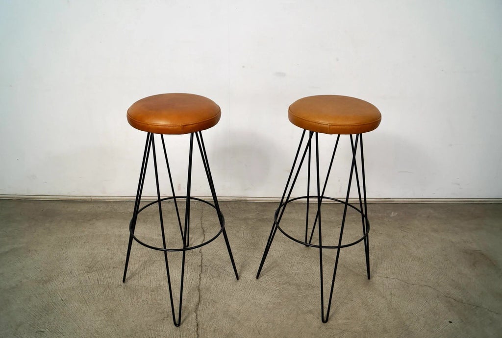 1950's Mid-Century Modern Leather Hairpin Bar Stools - a Pair