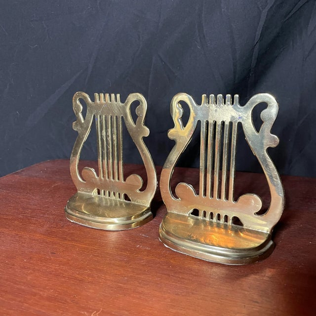 Hollywood Regency Vintage Lyre Harp Brass Bookends- a Pair For Sale - Image 3 of 6