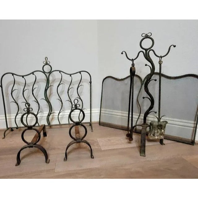 Antique French Art Deco Period Wrought Iron Fireplace Set - Tools Andirons Firescreen For Sale In Dallas - Image 6 of 11