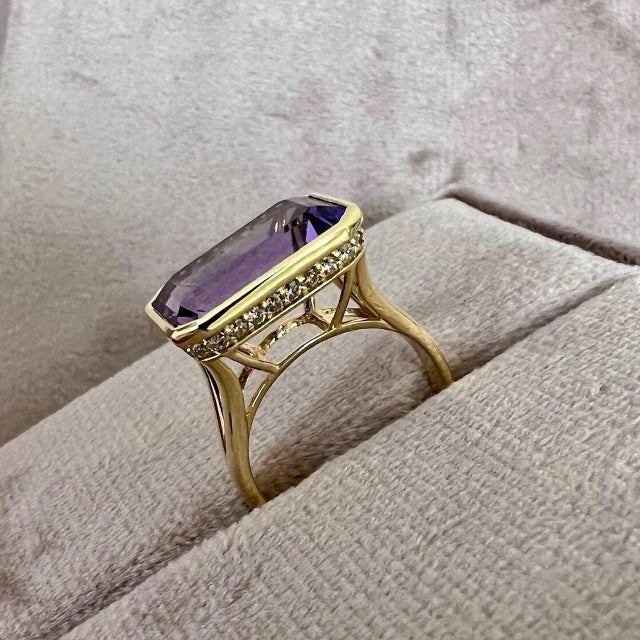 Created in 18 karat yellow gold Amethyst 7 carats approx. Diamonds 0.35 carat approx. Ring size US 6.5, can be sized...