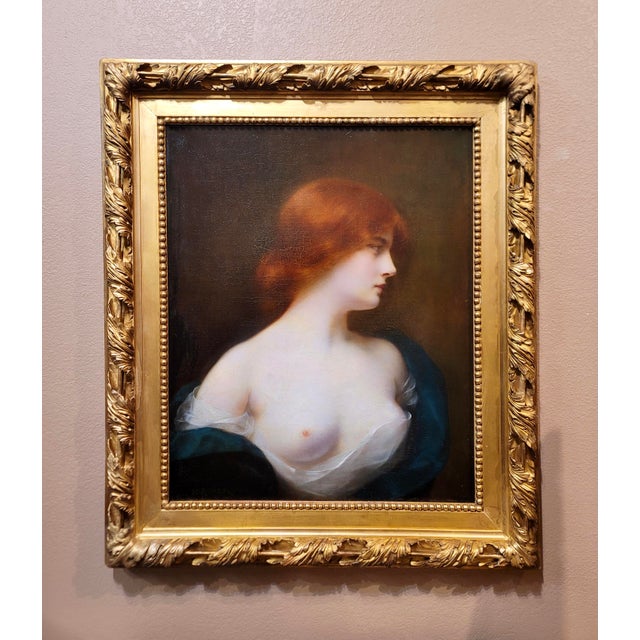 Henri Rondel -Portrait of a seminude Red Haired Beauty-19th century Oil painting French Realist - Oil Painting on canvas -...