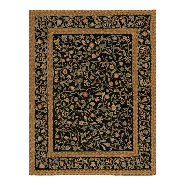 Rug & Kilim’s European Style Rug in Black With Beige and Green Floral Patterns For Sale