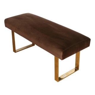 Mid Century Modern Polished Brass Bench With Chocolate Brown Velvet Seat For Sale