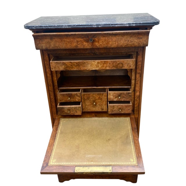 Louis Philippe Secretary Desk in Burr Walnut with Marble Top, 1890s For Sale - Image 3 of 10