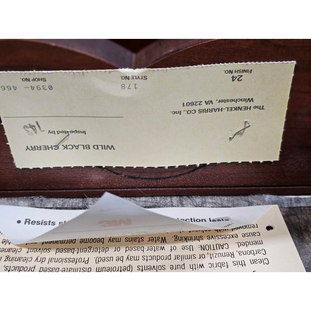 Wood 1990s Henkel Harris Cherry Footstool Ottoman White Damask Fabric Made in Virginia For Sale - Image 7 of 9