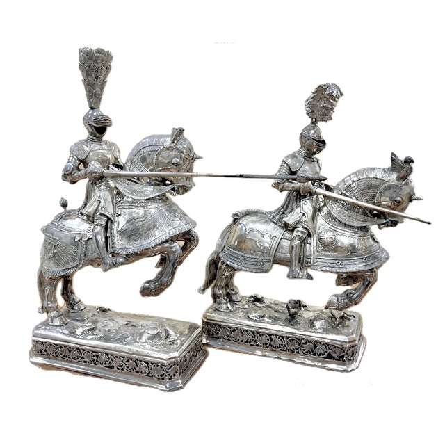 German Silver Jousting Knights on Horseback Sculptures a Pair For Sale - Image 11 of 13