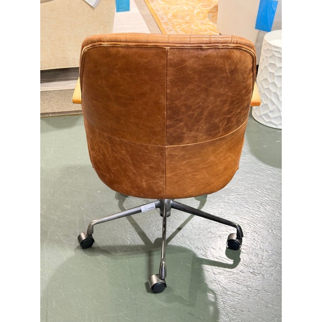 Industrial Acme Hamilton Cocoa Brown Leather Channel-Stitched Swivel Task Chair With Wood Armrests For Sale - Image 3 of 11