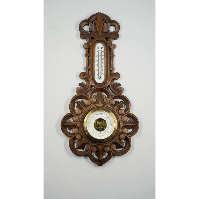 1893 Antique German Aneroid Barometer Thermometer by (g.l.). Hand-Carved Case and Glass Thermometer With Beveled Edges For Sale - Image 4 of 11