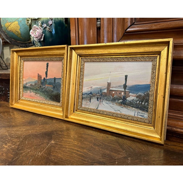 Capturing the changing seasons in the French countryside, this pair of antique landscape paintings depicts two picturesque...