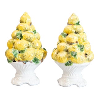 Vintage Italian Majolica Lemon Topiary Centerpieces - A Pair For Sale
