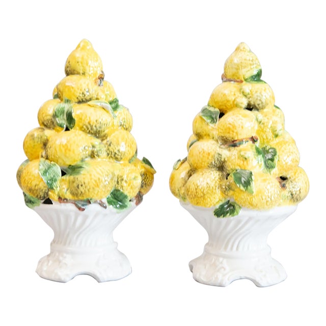 Vintage Italian Majolica Lemon Topiary Centerpieces - A Pair For Sale