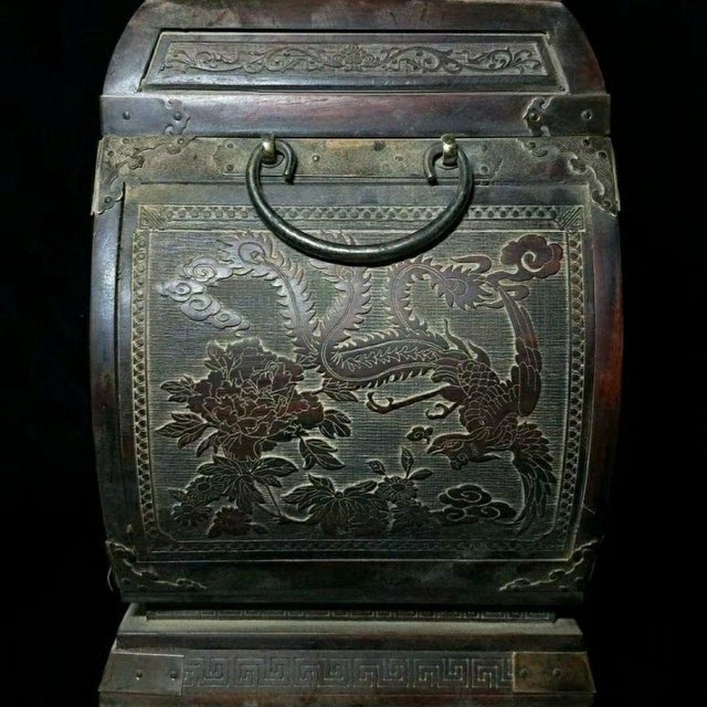 Antique Chinese Redwood Jewelry Box With Intricate Silver/White Metal Mounts For Sale - Image 4 of 8