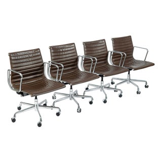 Set of 4 Eames Herman Miller Office Chairs, Brown Leather Thin Pad Aluminum Group For Sale