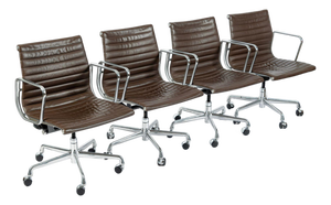 Set of 4 Eames Herman Miller Office Chairs, Brown Leather Thin Pad Aluminum Group
