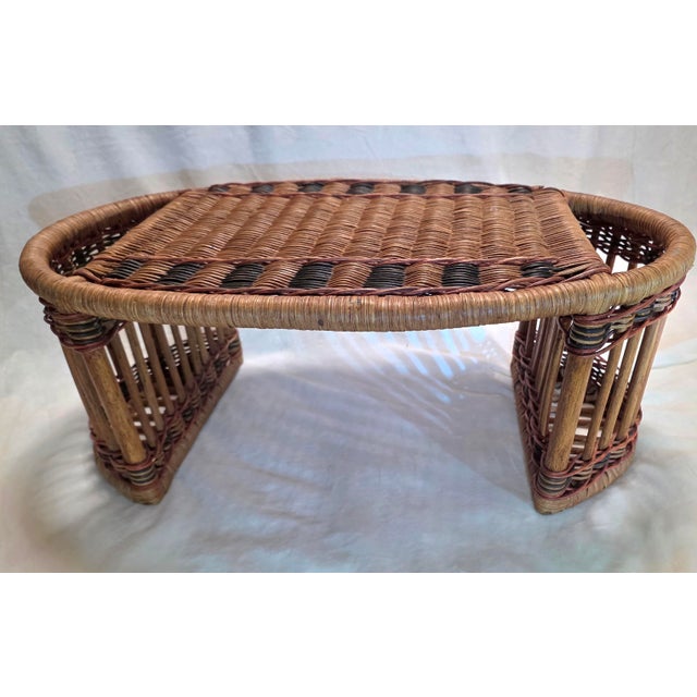 Embrace vintage bohemian utility with this beautifully preserved Mid-Century Modern woven wicker and rattan bed tray lap...