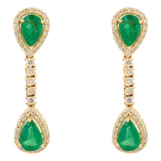 14k Gold Emerald Pear Drop Dangle Earrings With Diamonds- A Pair For Sale