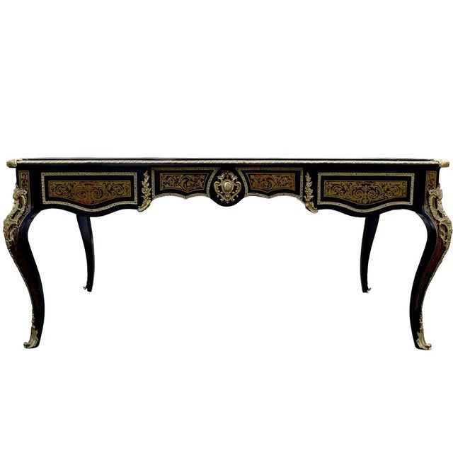 French 1950s Large Louis XV Style Bureau Plat Boulle Marquetry For Sale - Image 3 of 8