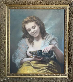 "Young Woman With Silk Shoes" - 19th Century Antique Portrait Painting by A. Stiveux, Framed