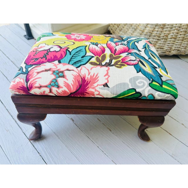 Wood Antique Footstool Reupholstered in Colorful Designer Fabric For Sale - Image 7 of 8