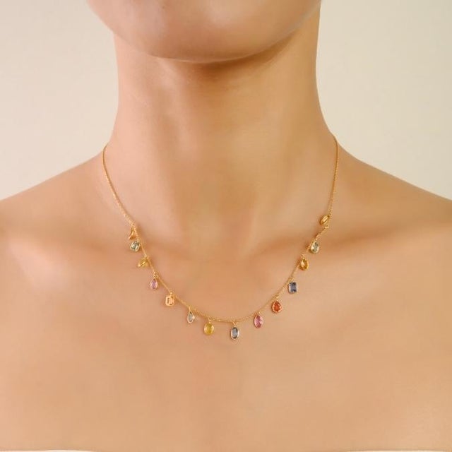 Orange 4.45 Ct Natural Multi Color Sapphire Fringe Necklace 18k Yellow Gold by VRJewels For Sale - Image 8 of 13