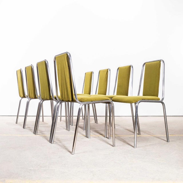 Olive Green Upholstered Chrome Framed Stacking Dining Chairs, 1980s, Set of 8 For Sale - Image 4 of 12
