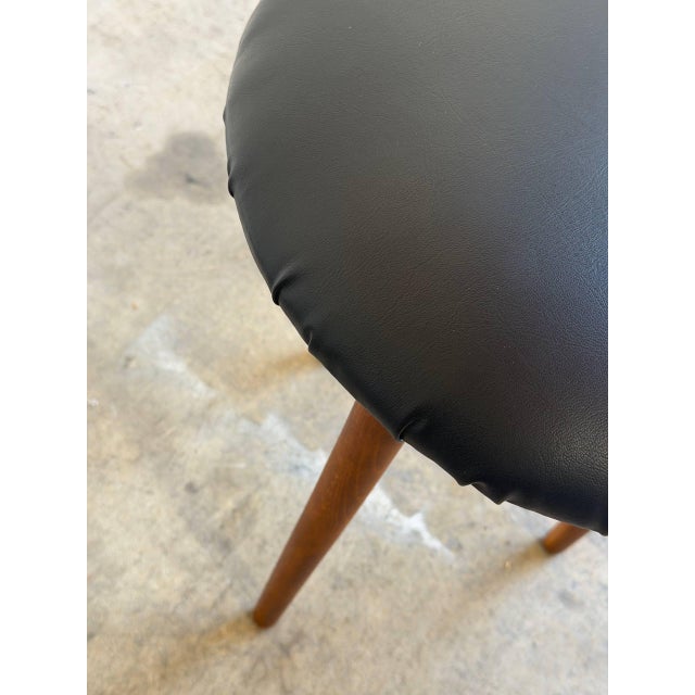 Teak Round Tripod Footstool Ottoman With Black Upholstery Danish Mid-Century Modern 1960s For Sale - Image 4 of 8