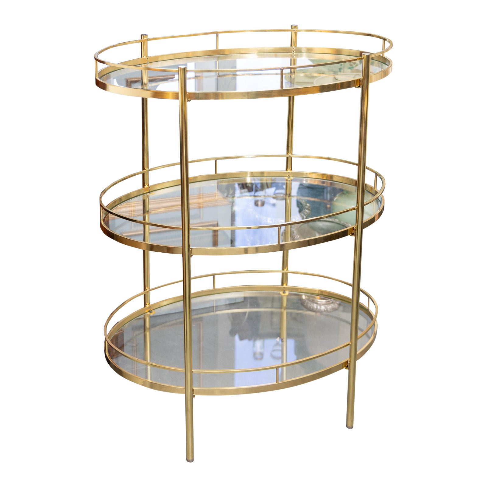 Mid Century Modern Oval Brass and Glass Three-Tier Bar Stand | Chairish
