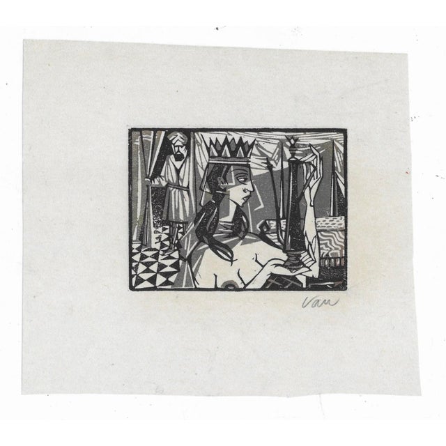 1950s MCM linocut of a nude crowned female and a man by Van. Signed lower right.