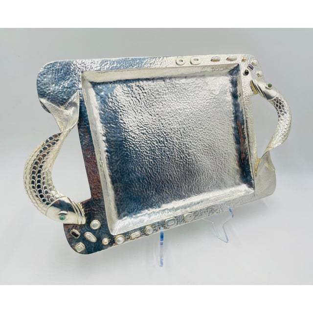 Striking vintage serving tray designed and manufactured in the 1980s by Emilia Castillo in Taxco, Mexico, crafted in solid...