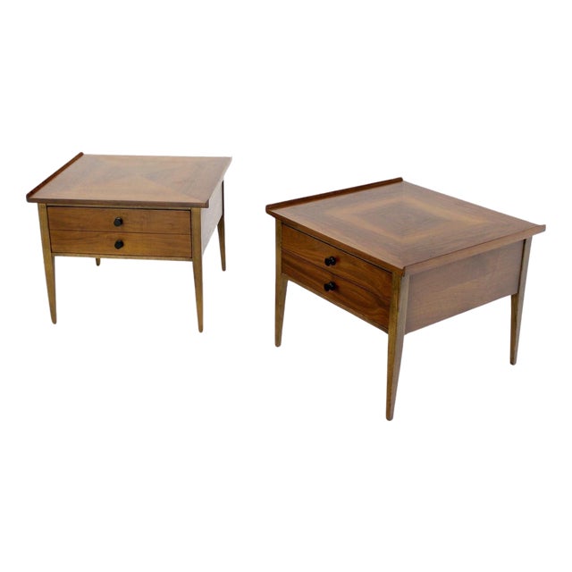 Pair Large Square Raised Rolled Edge Danish Mid Century Modern Walnut End Tables For Sale