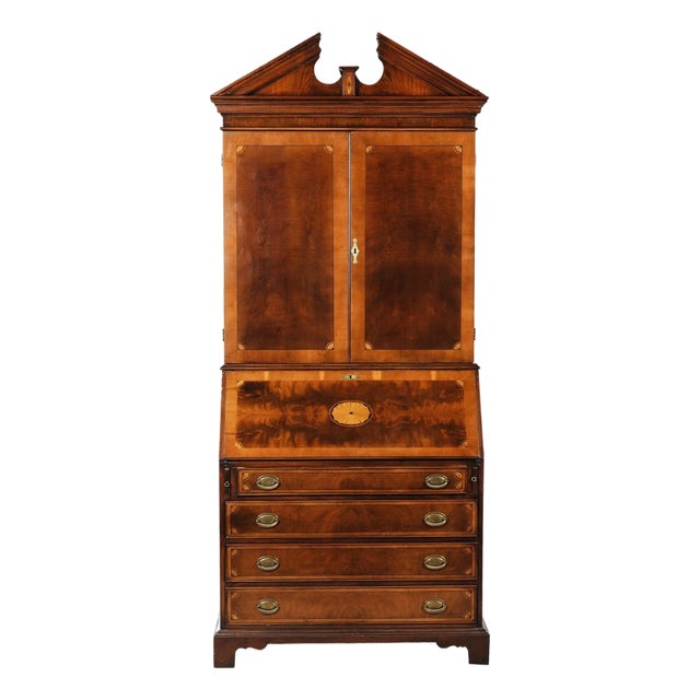 Late 20th Century Stunning Federal Style Mahogany Two-Part Secretary Bookcase | Inlaid Drop Front Desk | Like New Condition For Sale
