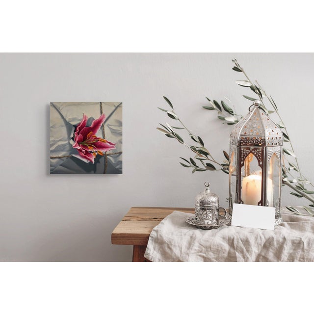 2010s White Package with Stargazer by Sarah van der Helm | Oil on Cradled Panel Oil painting of a stargazer lily on crumpled paper. For Sale - Image 5 of 5