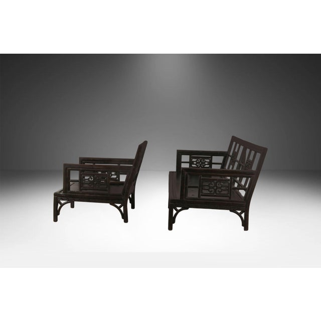 Black Vintage Chinese Chinoiserie Fretwork Sofa and Armchair Settee 2 Pieces For Sale - Image 8 of 14