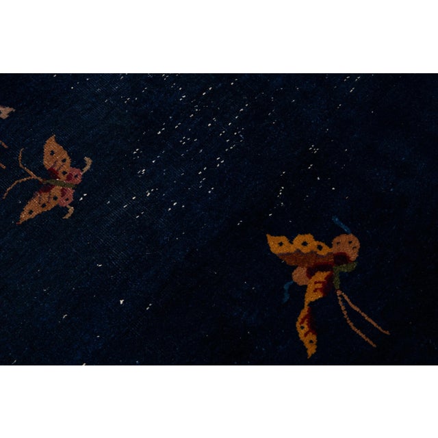 Antique Art Deco Chinese Handmade Floral Blue Wool Rug For Sale - Image 11 of 13