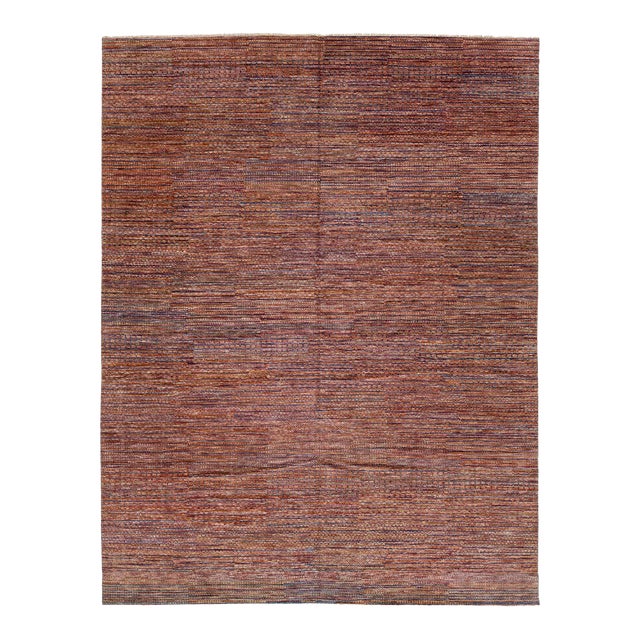 Sunset Ember: Modern Indian Savannah Hand-Knotted Striped Wool Area Rug 13x17 For Sale
