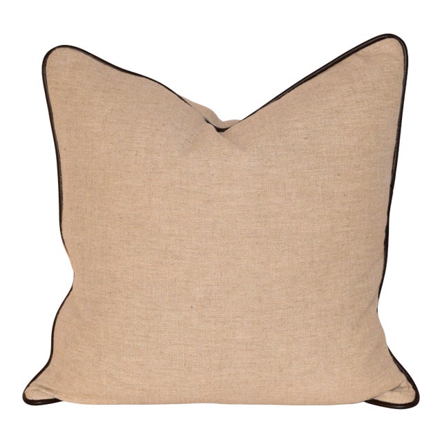 Heavy Linen Pillow With Leather Welting For Sale