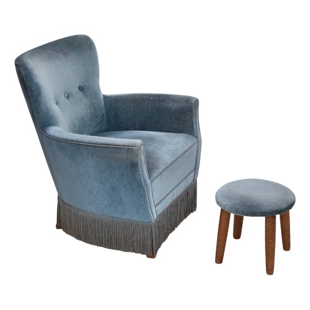 Set of Vintage Danish Chair with Ottoman in Blue Furniture Velour and Oak, 1960s For Sale
