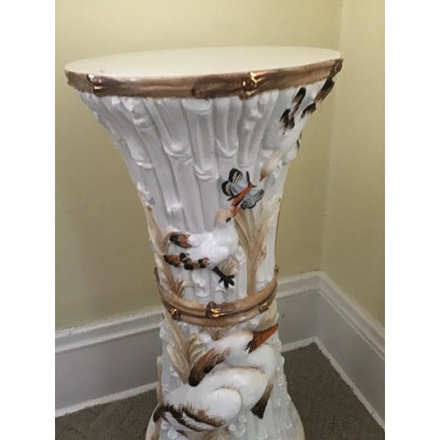 White Mid 20th Century Majolica Bird Heron Ceramic Faux Bamboo Pedestal Stand For Sale - Image 8 of 10
