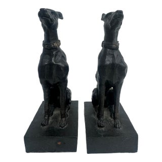 Late 20th Century Pair of Cast Iron Greyhound Dog Bookends With Bronze Finish For Sale