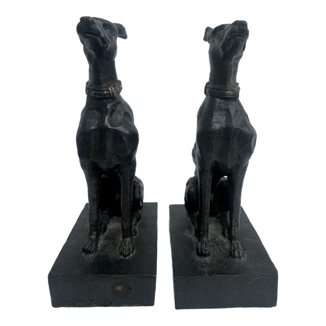 Late 20th Century Pair of Cast Iron Greyhound Dog Bookends With Bronze Finish For Sale