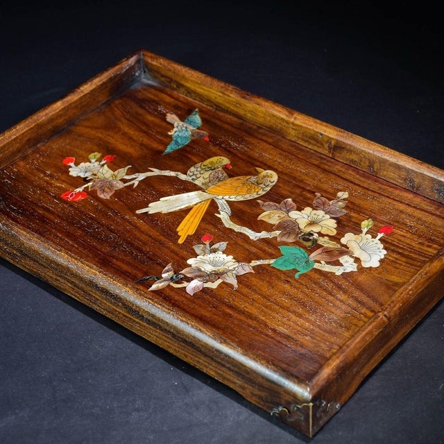 This is a stunning, finely crafted vintage rectangular tray, made from Huanghuali wood (yellow rosewood) and decorated...