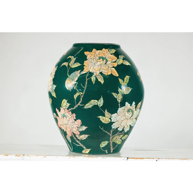 Green Ceramic Vase with Birds, Butterflies, and Floral Decoration For Sale - Image 12 of 12