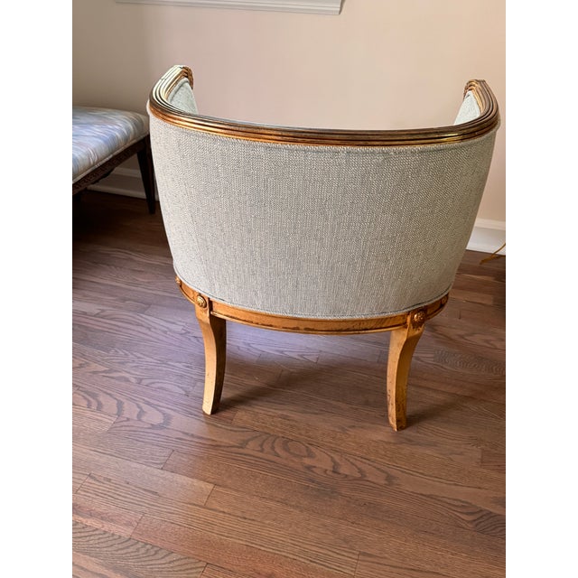 Wood Pair of Mid 20th Century French Empire Style Barrel-Back Carved and Gilt Chairs For Sale - Image 7 of 10