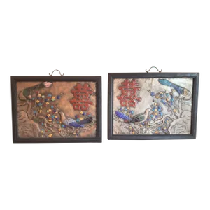 Vintage Pair of Asian Enamel on Metal Birl Floral Wall Art
