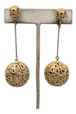 Vintage 1966 Signed Napier Goldtone Filigree Ball Drop Clip Earrings- 2 Pieces