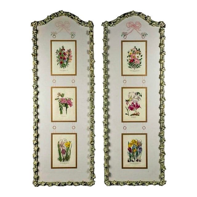 French Style Wrought Iron Framed Hand Painted Floral Botanical Panels -S/2 For Sale