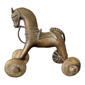 Antique Indian Bronze Temple Toy Horse-Drawn Chariot on Wheels, 19th Century