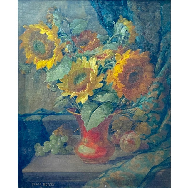 An exceptionally well painted still life of sunflowers, signed Prince Brezky and dated 1946. Oil on canvas in original...