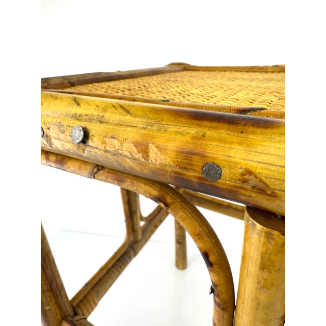 Vintage Mid Century Bamboo and Rattan Side Table With Woven Cane Top For Sale In Little Rock - Image 6 of 14